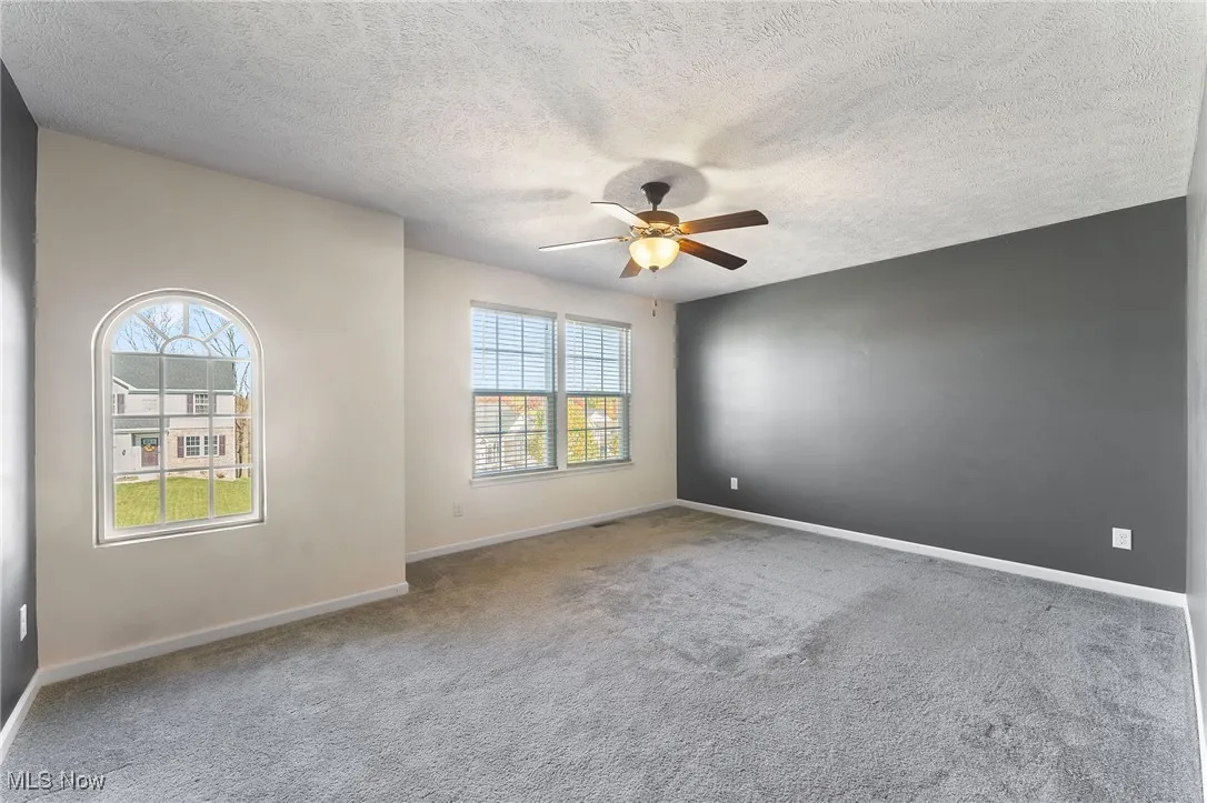 Carpeted spare room featuring plenty of natural light, baseboards, ceiling fan, and a textured ceiling