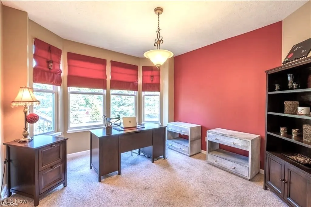 Home office featuring baseboards and light colored carpet