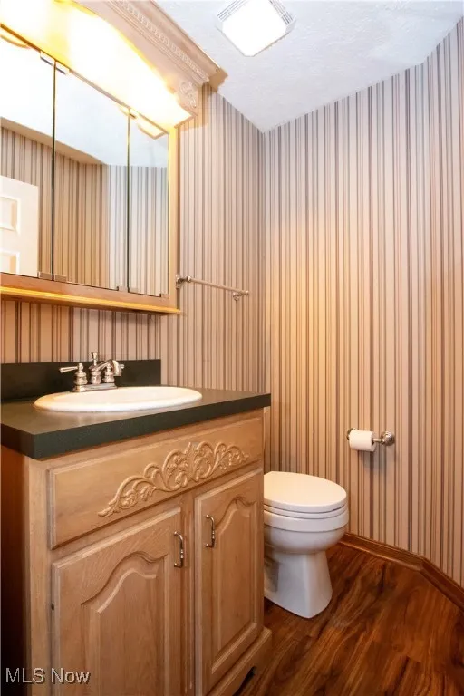 Half bathroom with wallpapered walls, vanity, wood finished floors, and a textured ceiling