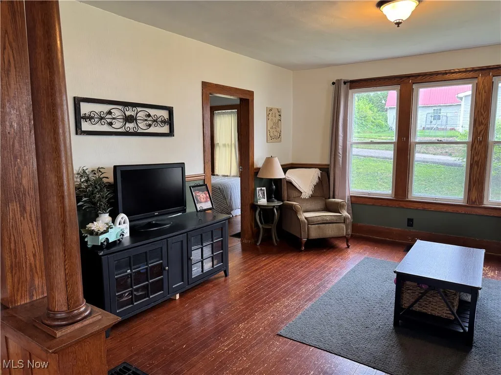 Living room with dark wood-style flooring