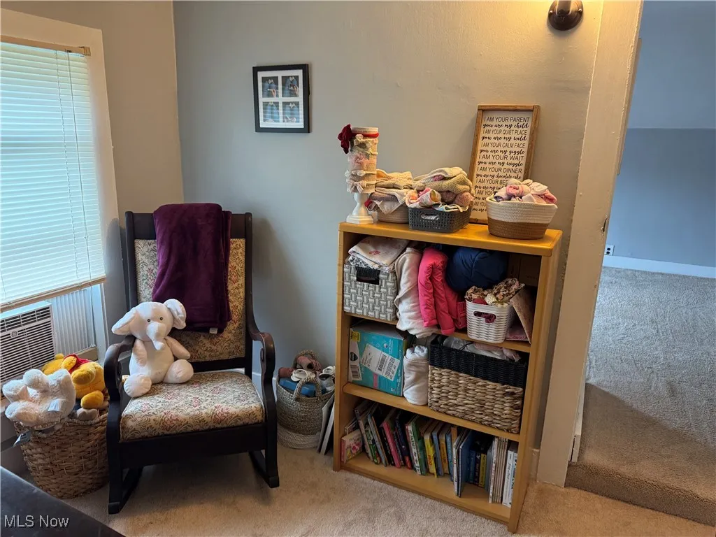Sitting room with carpet flooring