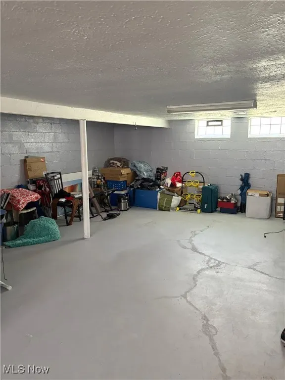 Basement with concrete block wall and a textured ceiling
