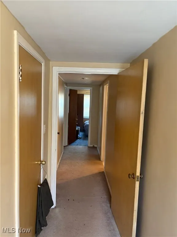 Hallway featuring baseboards and light carpet