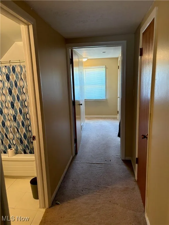Corridor with baseboards and carpet
