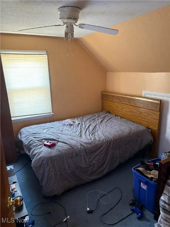 Bedroom with a ceiling fan and vaulted ceiling