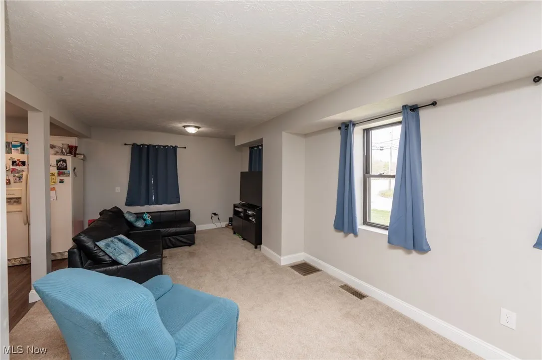 Living area featuring baseboards, carpet, a textured ceiling, and visible vents