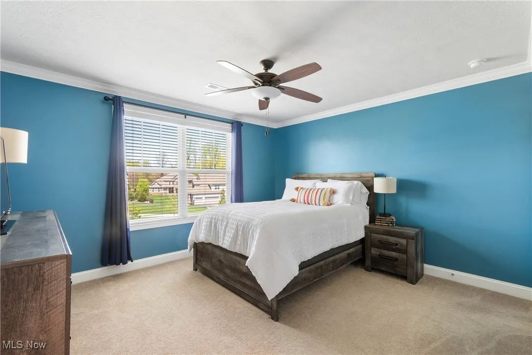 Carpeted bedroom with a ceiling fan, baseboards, and ornamental molding