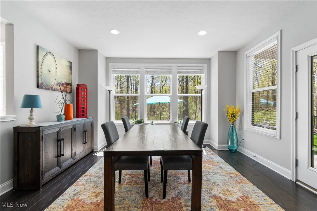 Eat-in kitchen featuring dark wood-style flooring, baseboards, and recessed lighting