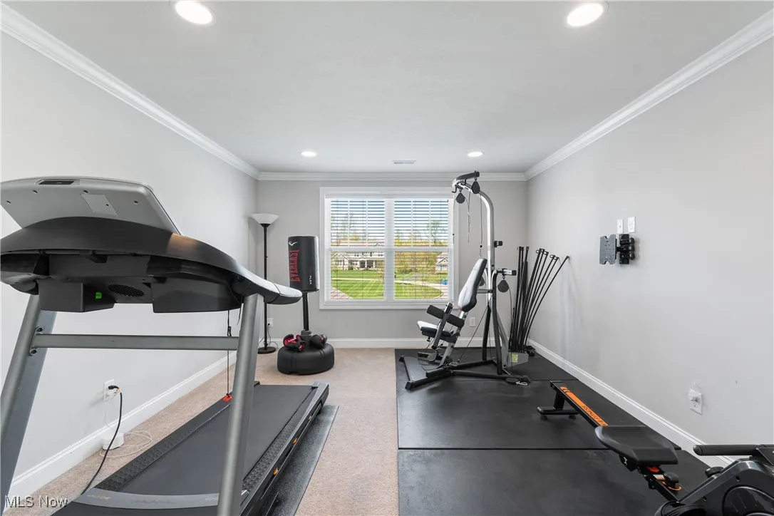 Exercise room featuring baseboards, recessed lighting, and crown molding