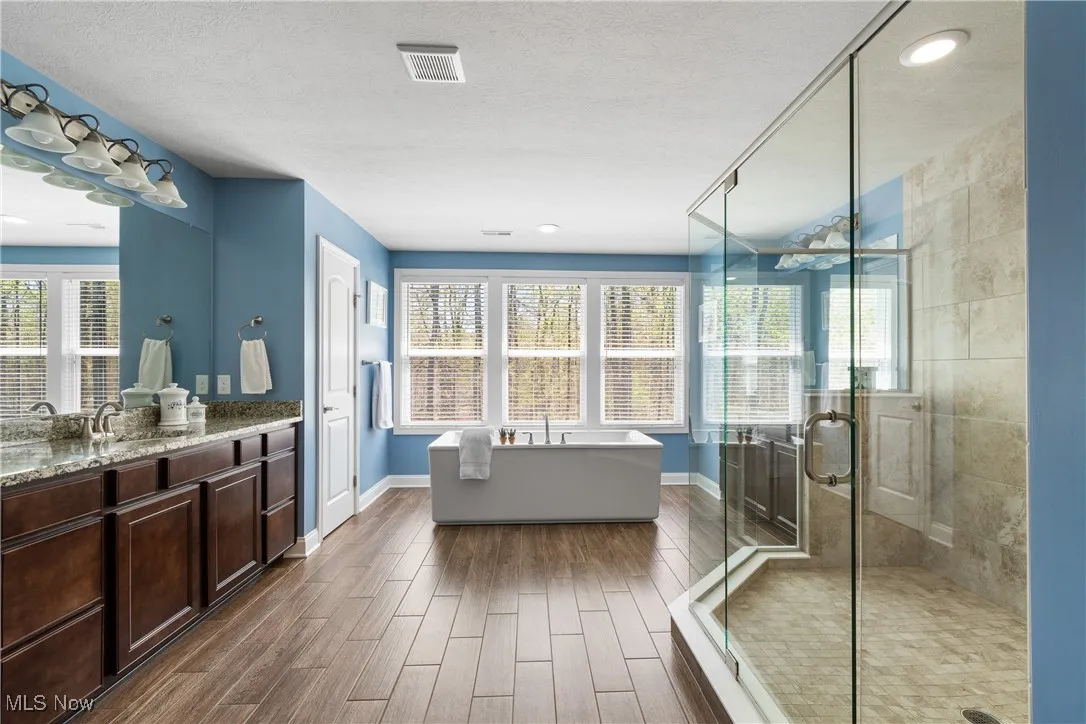 Bathroom with vanity, a freestanding tub, a shower stall, wood finished floors, and visible vents