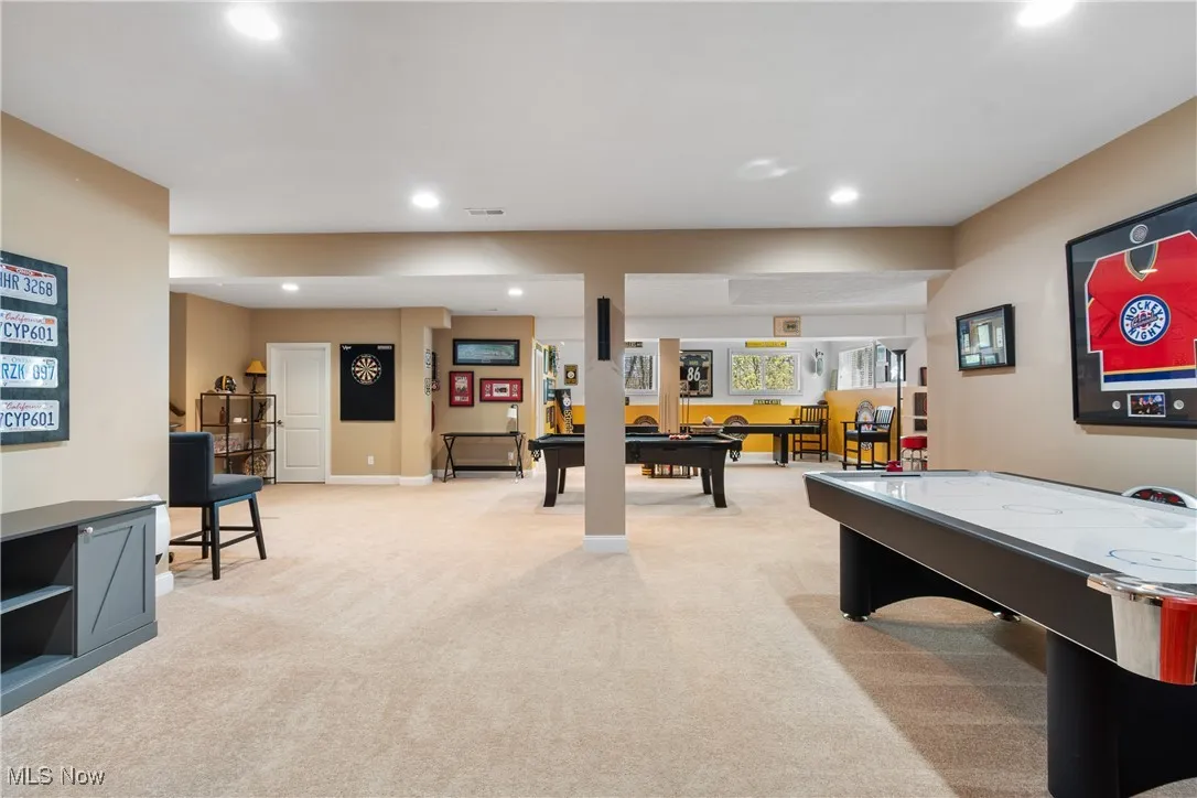Rec room with recessed lighting, light colored carpet, and billiards