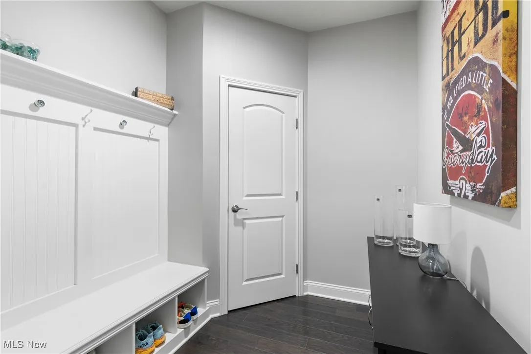 Mudroom featuring baseboards and dark wood-style floors