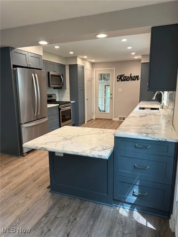 Kitchen featuring light stone counters, a sink, light wood finished floors, and stainless steel appliances