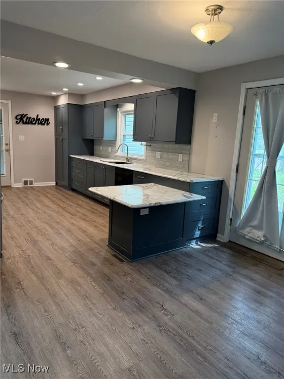Kitchen with baseboards, tasteful backsplash, dark wood finished floors, and visible vents