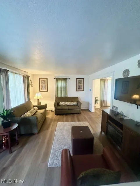 Living area featuring baseboards, a textured ceiling, and wood finished floors