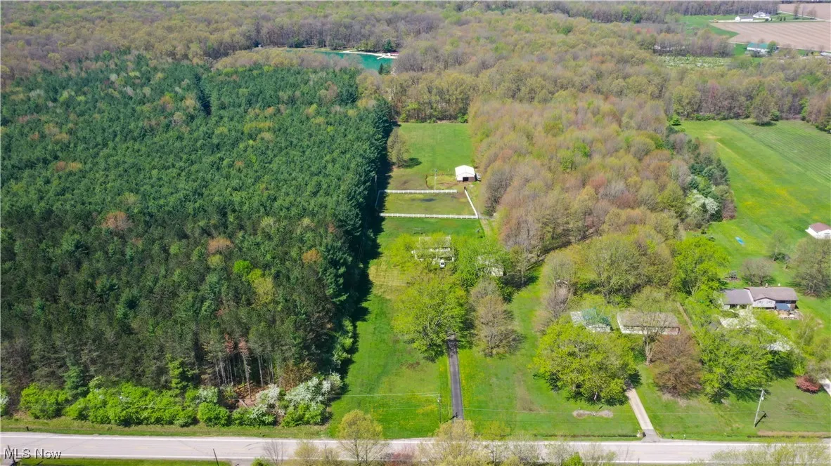 Drone / aerial view with a wooded view