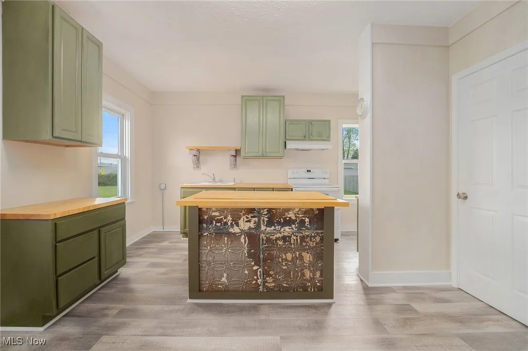 Kitchen with green cabinetry, under cabinet range hood, and butcher block counters