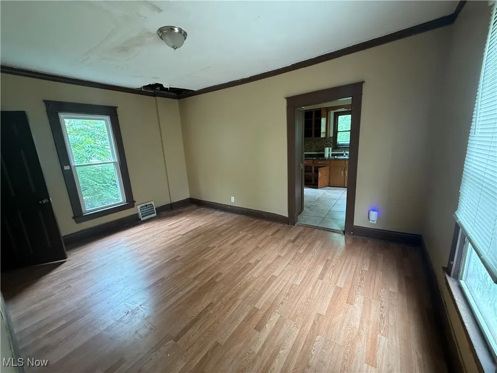 Unfurnished room featuring crown molding, light wood finished floors, and plenty of natural light