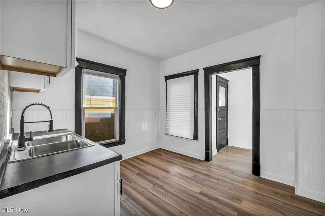 Kitchen with dark wood-style floors, dark countertops, a wainscoted wall, and a sink