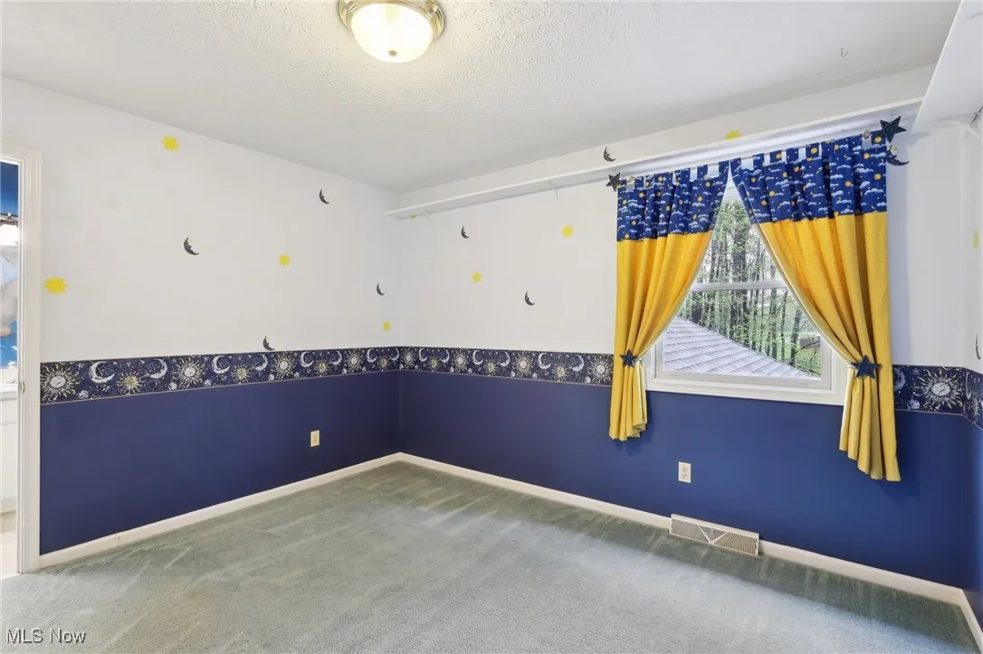 Carpeted spare room featuring a textured ceiling, visible vents, and baseboards