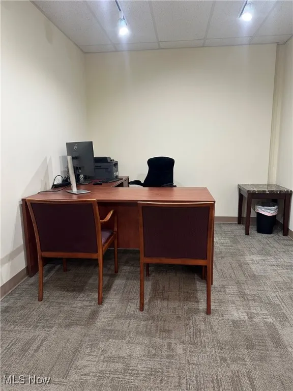Carpeted office space with baseboards and a paneled ceiling