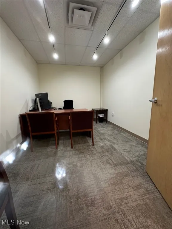 Office area featuring track lighting, carpet, baseboards, and a drop ceiling