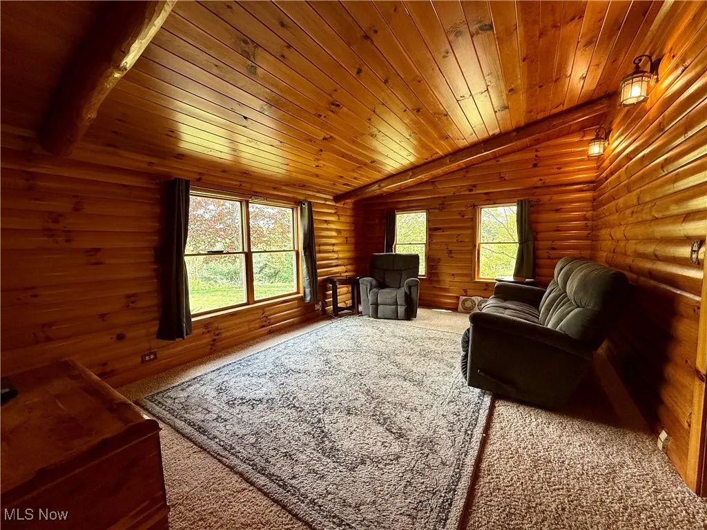 Living room featuring log walls, carpet floors, and wooden ceiling