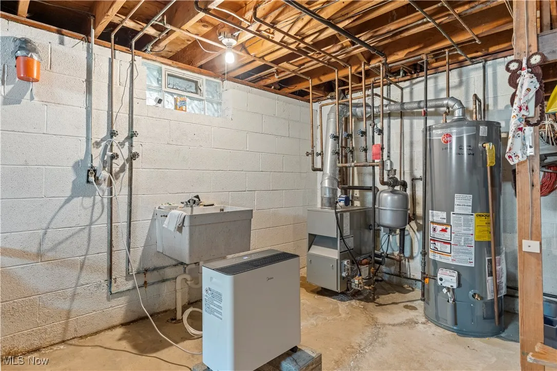 Utility room featuring a sink, water heater, and a heating unit
