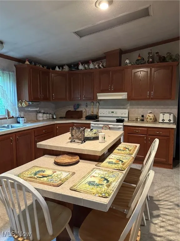 Kitchen with range, a sink, range hood, light countertops, and backsplash