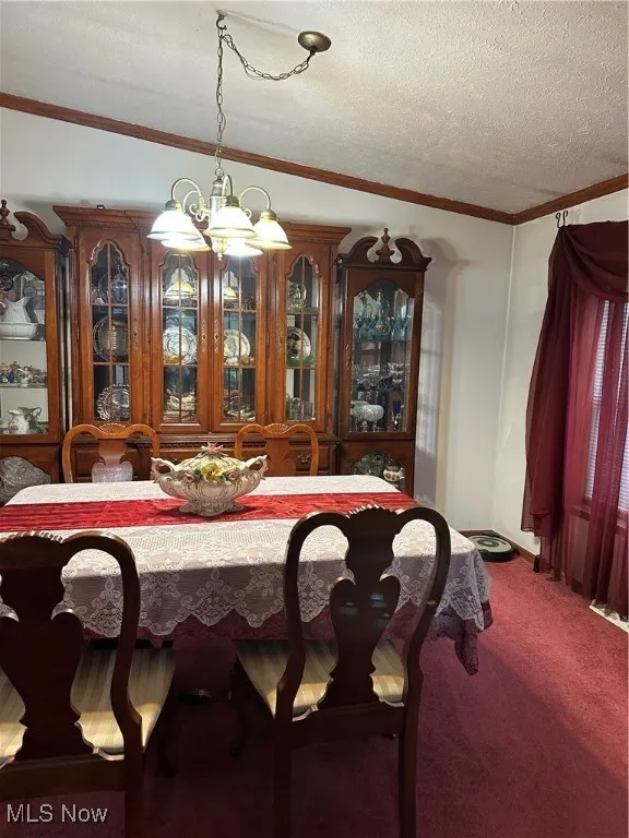 Dining room featuring a chandelier, carpet floors, and ornamental molding