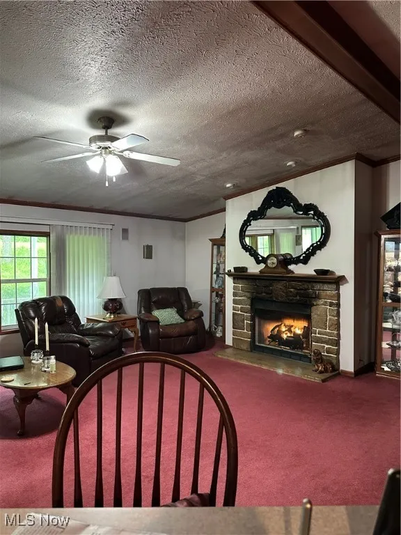 Living room featuring a ceiling fan, a fireplace, carpet, a textured ceiling, and crown molding