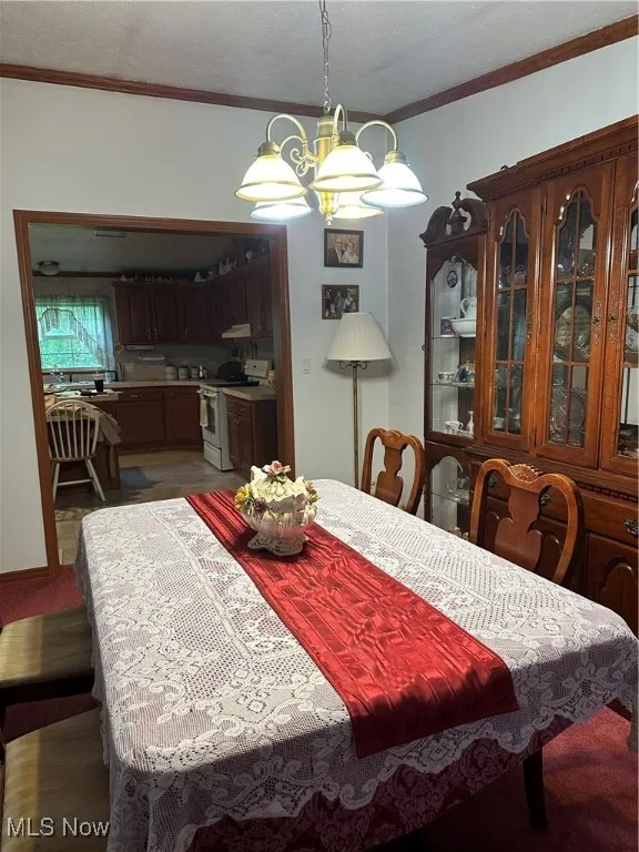 Dining room with crown molding and a chandelier