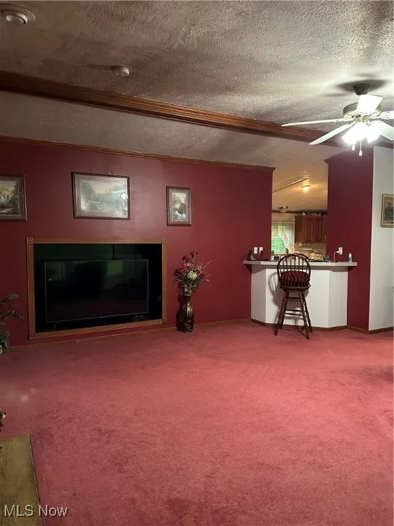 Carpeted living room with a textured ceiling and ceiling fan