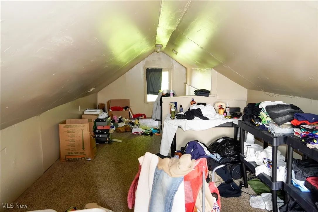 Additional living space featuring vaulted ceiling and carpet flooring