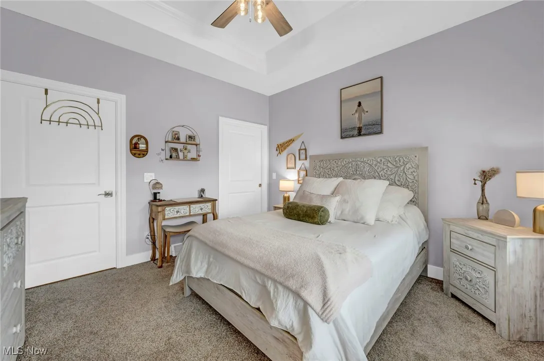 Bedroom featuring light colored carpet, a tray ceiling, a ceiling fan, and baseboards