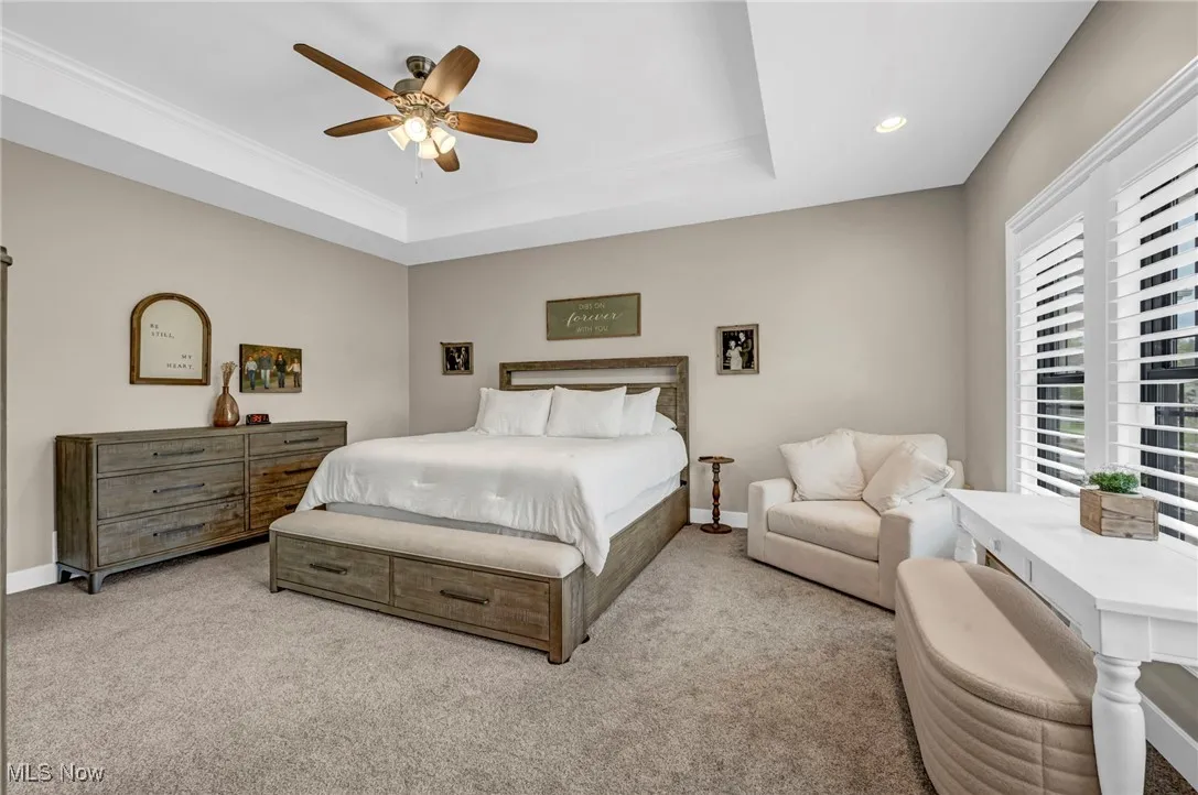 Bedroom with carpet flooring, recessed lighting, a raised ceiling, and baseboards