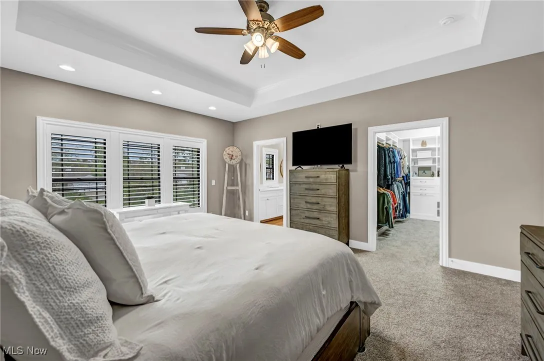 Bedroom with light colored carpet, a raised ceiling, recessed lighting, a spacious closet, and baseboards