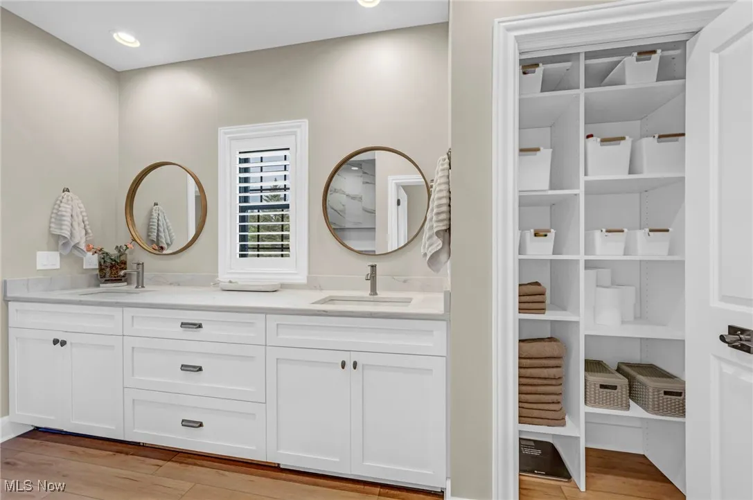 Bathroom with wood finished floors and double vanity