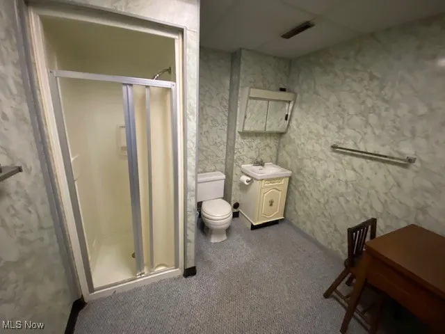 Full bath featuring toilet, a shower stall, and vanity