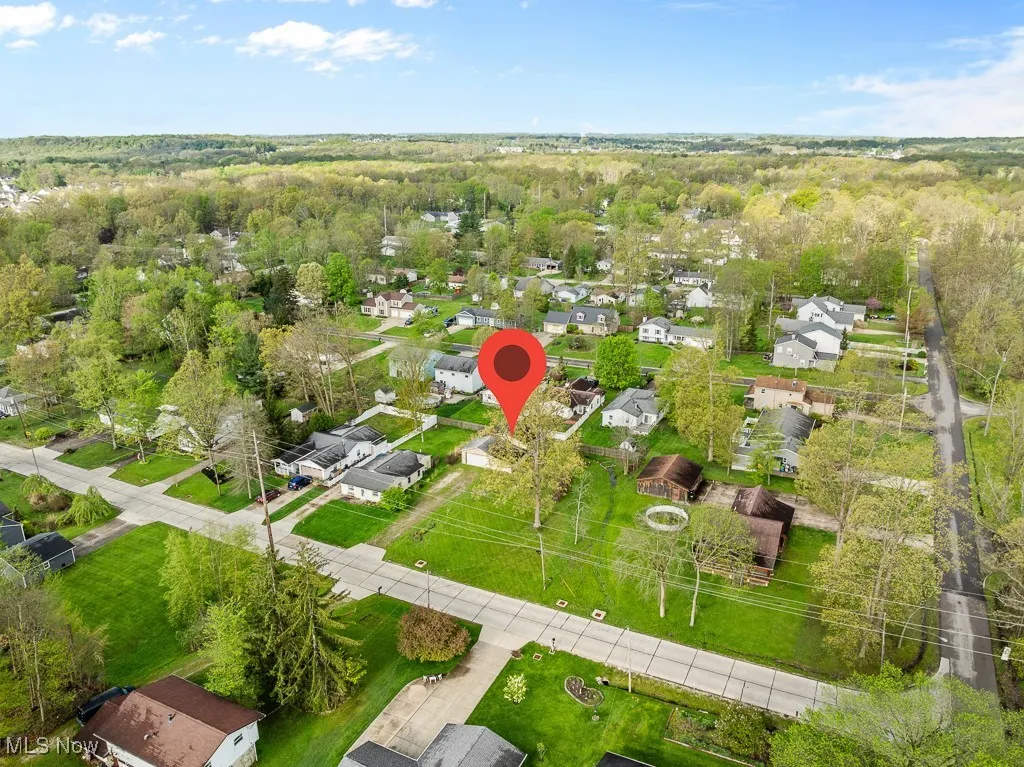 Aerial perspective of suburban area with a forest
