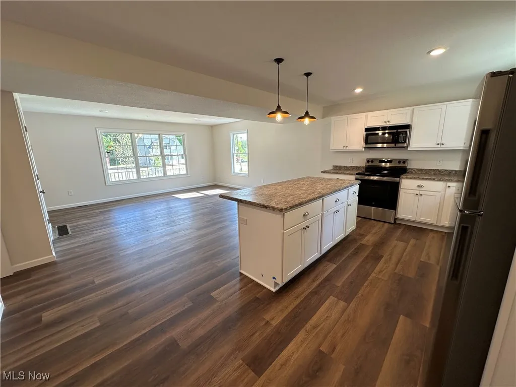 Kitchen featuring stainless steel appliances, open floor plan, dark LVT floors, recessed lighting, and baseboards
