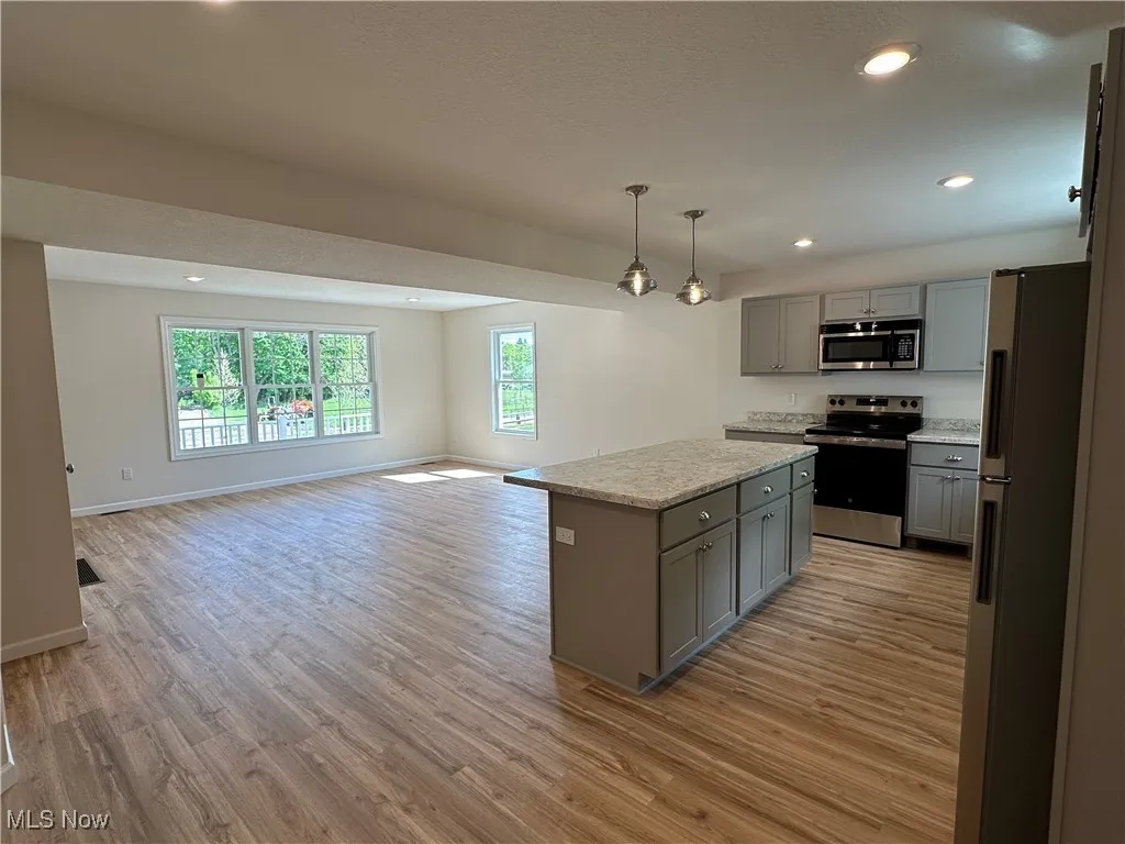 Kitchen featuring stainless steel appliances, gray cabinets, light LVT flooring, a center island, and open floor plan