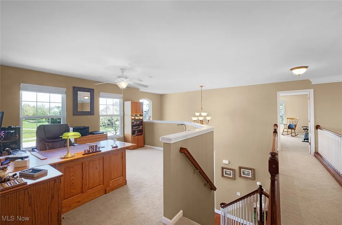 Office area with light carpet, a chandelier, baseboards, and a ceiling fan