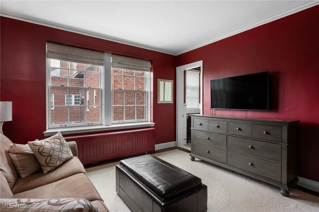 Living area featuring ornamental molding, light carpet, radiator, and baseboards