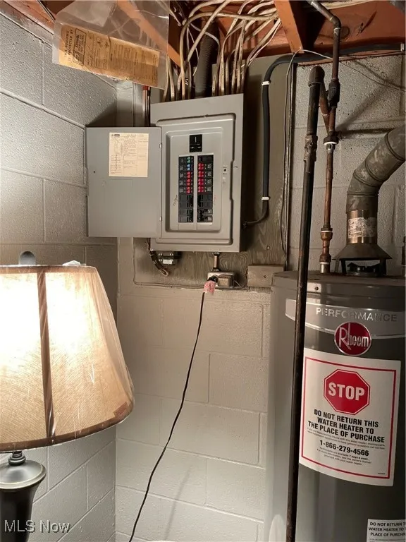 Utilities featuring water heater and electric panel