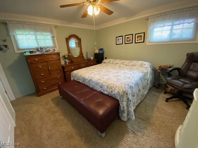 Bedroom with multiple windows, light carpet, ornamental molding, and ceiling fan