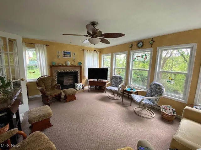 Carpeted living area with ceiling fan, a fireplace, and baseboards