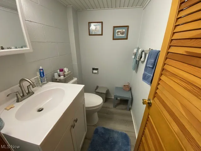 Bathroom featuring light wood-style floors, vanity, and concrete block wall