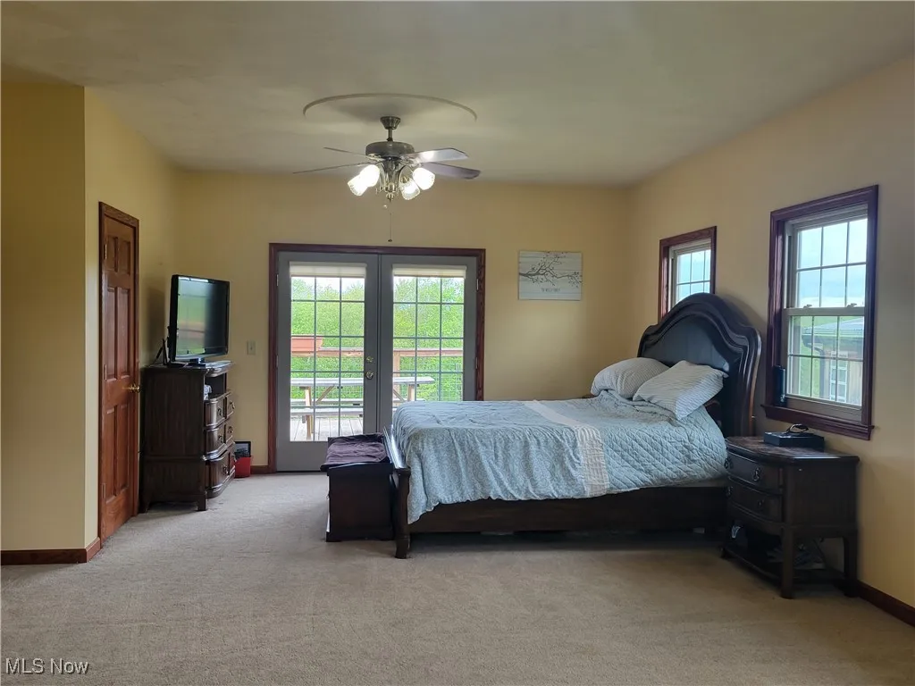 master with carpet and sliding doors to deck