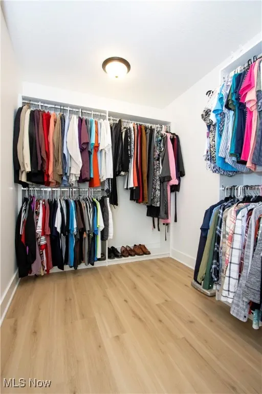 Walk in closet with wood finished floors